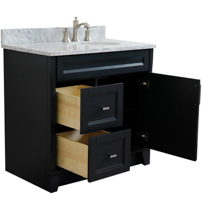 37" Single sink vanity in Dark Gray finish with White Carrara marble and LEFT oval sink RIGHT drawers