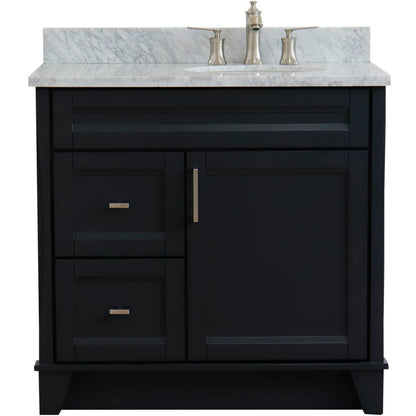 37" Single sink vanity in Dark Gray finish with White Carrara marble and LEFT oval sink RIGHT drawers