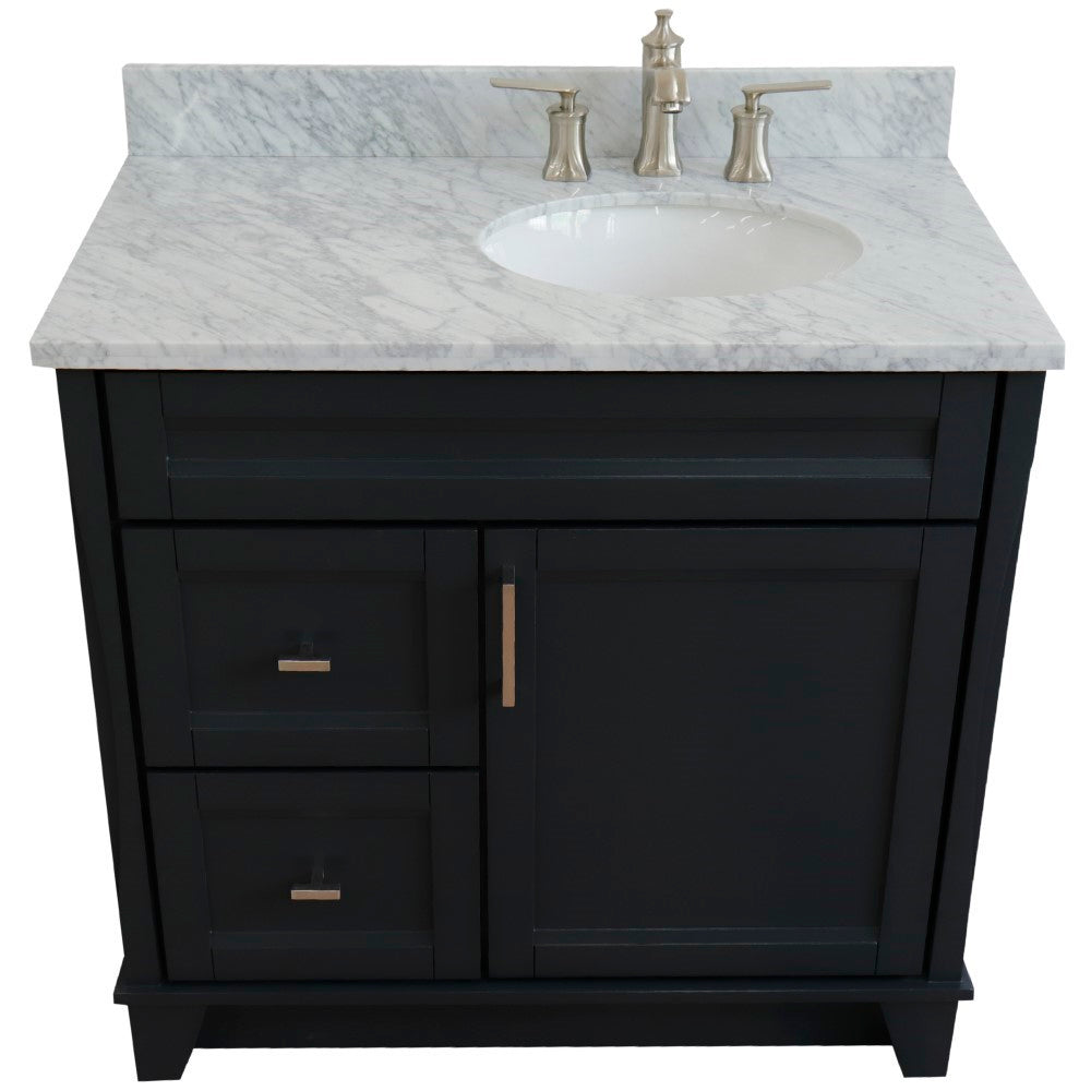 37" Single sink vanity in Dark Gray finish with White Carrara marble and LEFT oval sink RIGHT drawers