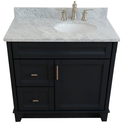 37" Single sink vanity in Dark Gray finish with White Carrara marble and LEFT oval sink RIGHT drawers