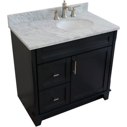 37" Single sink vanity in Dark Gray finish with White Carrara marble and LEFT oval sink RIGHT drawers