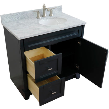 37" Single sink vanity in Dark Gray finish with White Carrara marble and LEFT oval sink RIGHT drawers