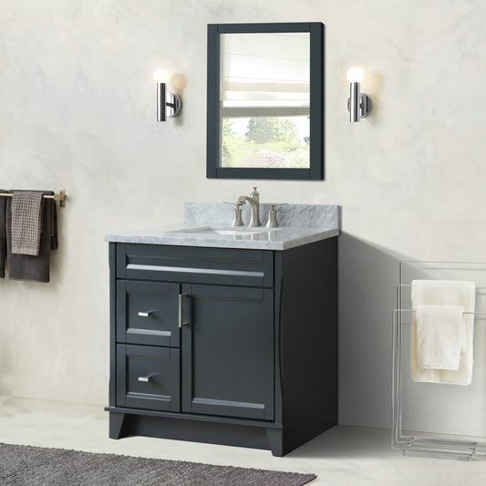 37" Single sink vanity in Dark Gray finish with White Carrara marble and CENTER rectangle sink RIGHT drawers