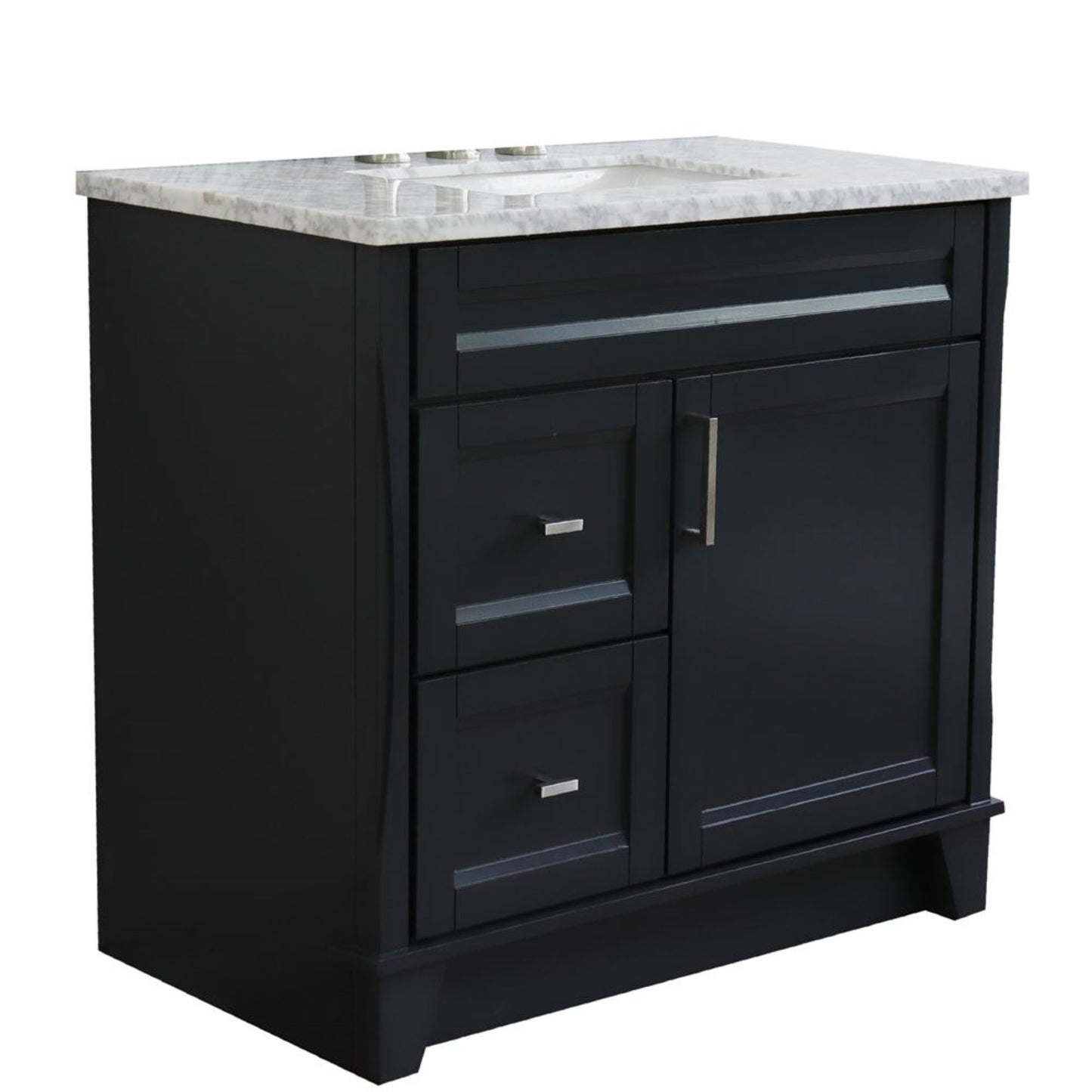 37" Single sink vanity in Dark Gray finish with White Carrara marble and CENTER rectangle sink RIGHT drawers