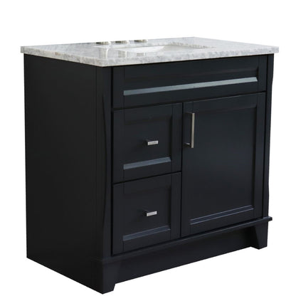 37" Single sink vanity in Dark Gray finish with White Carrara marble and CENTER rectangle sink RIGHT drawers