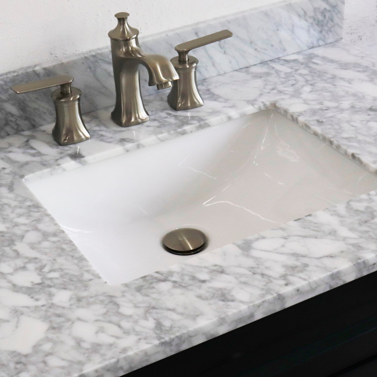 37" Single sink vanity in Dark Gray finish with White Carrara marble and CENTER rectangle sink RIGHT drawers