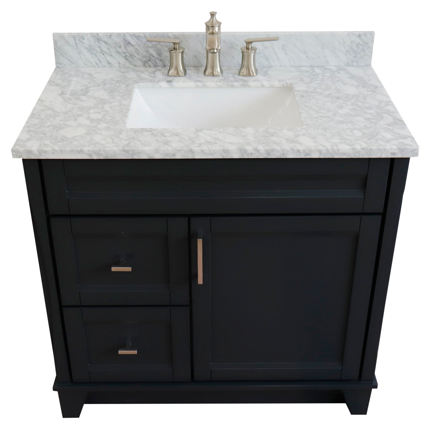 37" Single sink vanity in Dark Gray finish with White Carrara marble and CENTER rectangle sink RIGHT drawers