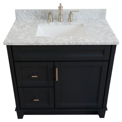 37" Single sink vanity in Dark Gray finish with White Carrara marble and CENTER rectangle sink RIGHT drawers