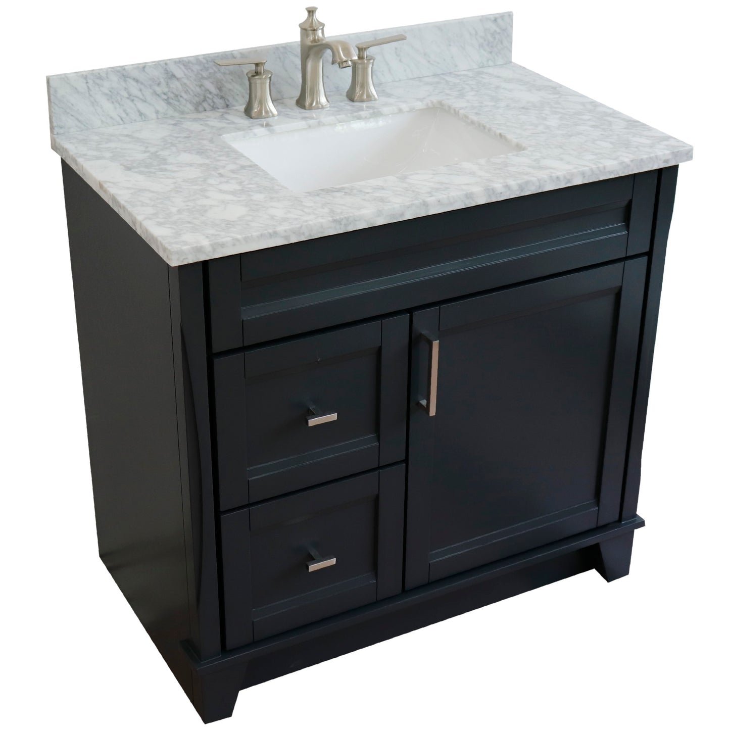 37" Single sink vanity in Dark Gray finish with White Carrara marble and CENTER rectangle sink RIGHT drawers
