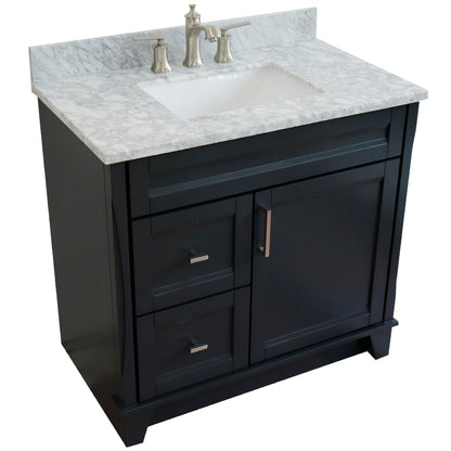 37" Single sink vanity in Dark Gray finish with White Carrara marble and CENTER rectangle sink RIGHT drawers