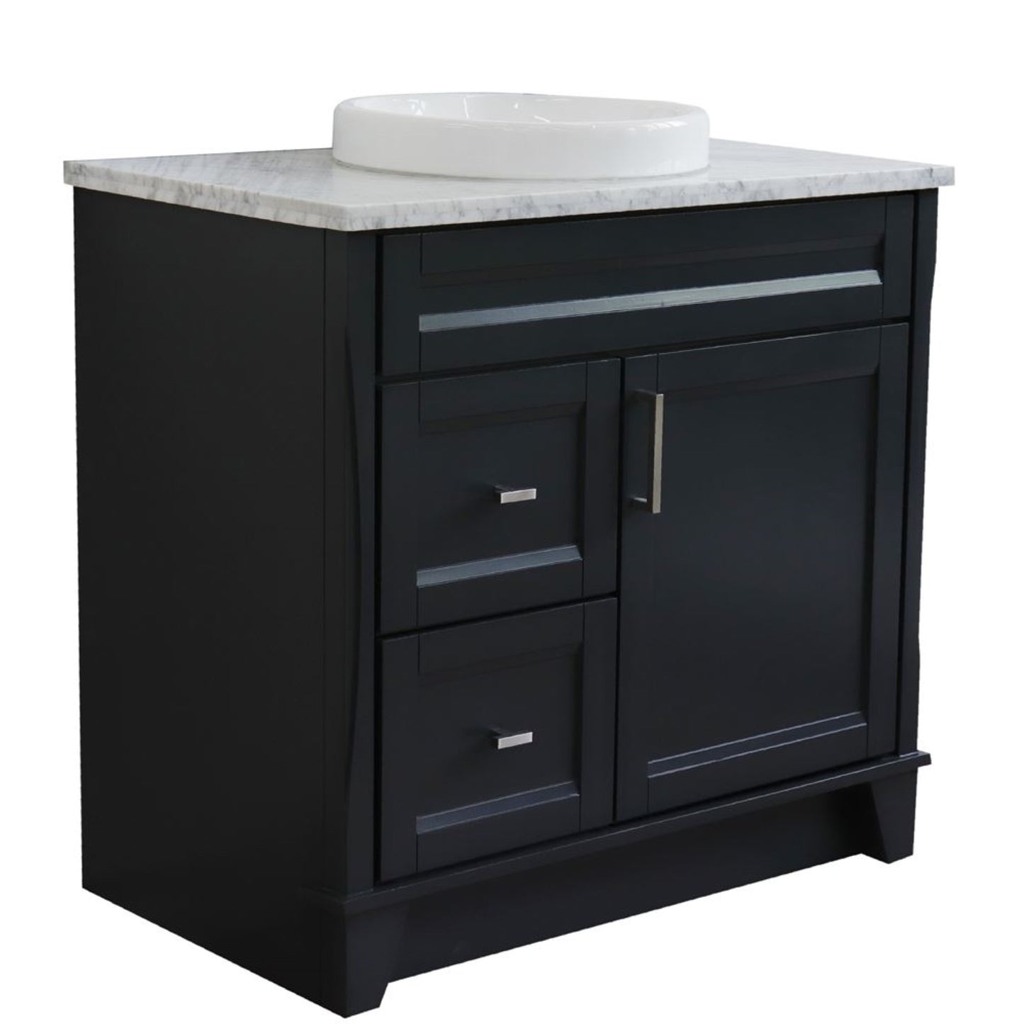 37" Single sink vanity in Dark Gray finish with White Carrara marble and CENTER round sink RIGHT drawers