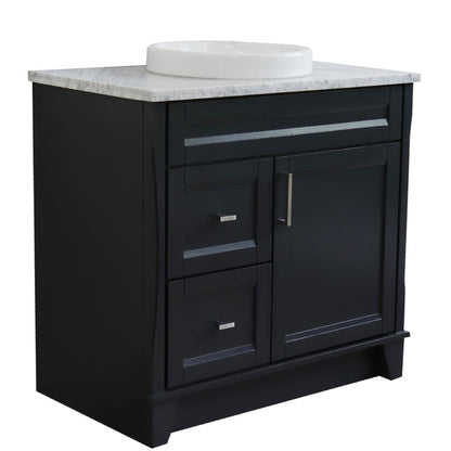 37" Single sink vanity in Dark Gray finish with White Carrara marble and CENTER round sink RIGHT drawers