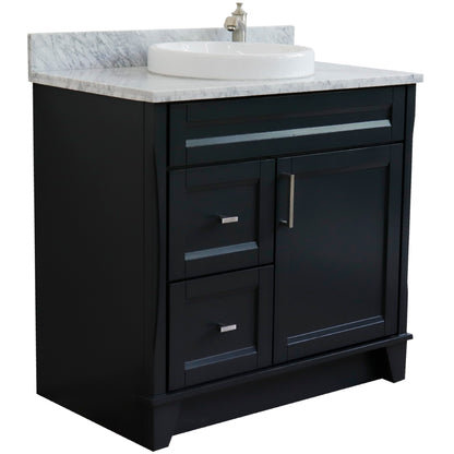 37" Single sink vanity in Dark Gray finish with White Carrara marble and CENTER round sink RIGHT drawers