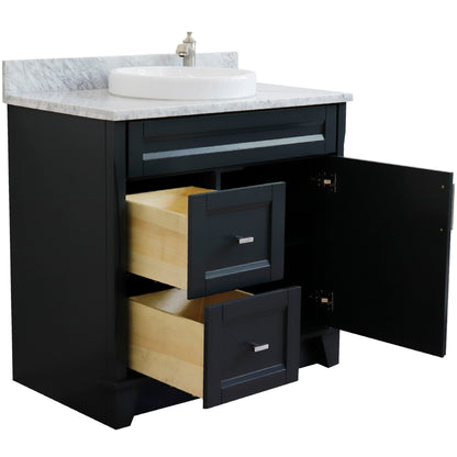 37" Single sink vanity in Dark Gray finish with White Carrara marble and CENTER round sink RIGHT drawers