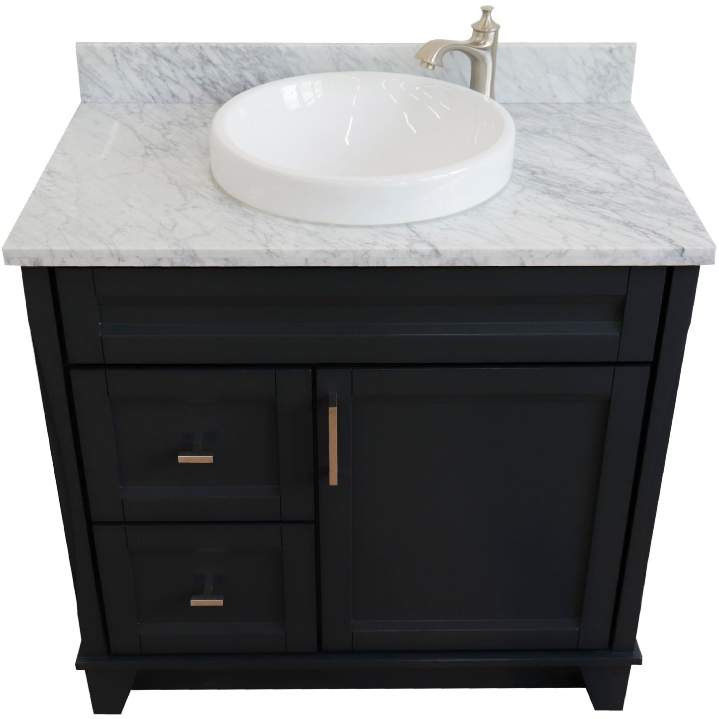 37" Single sink vanity in Dark Gray finish with White Carrara marble and CENTER round sink RIGHT drawers