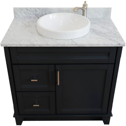 37" Single sink vanity in Dark Gray finish with White Carrara marble and CENTER round sink RIGHT drawers