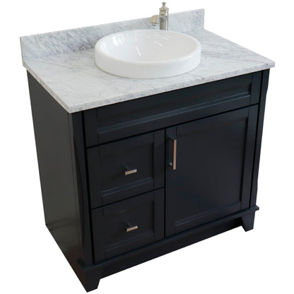 37" Single sink vanity in Dark Gray finish with White Carrara marble and CENTER round sink RIGHT drawers