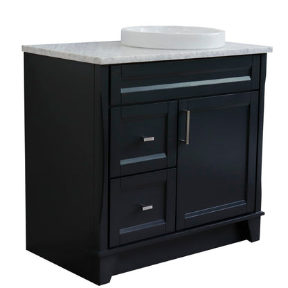 37" Single sink vanity in Dark Gray finish with White Carrara marble and LEFT round sink RIGHT drawers