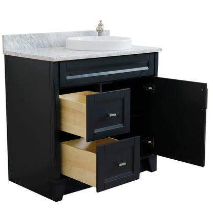 37" Single sink vanity in Dark Gray finish with White Carrara marble and LEFT round sink RIGHT drawers