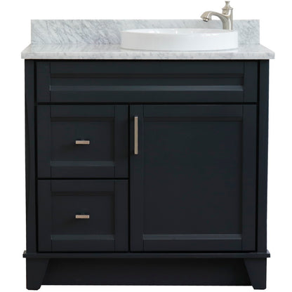 37" Single sink vanity in Dark Gray finish with White Carrara marble and LEFT round sink RIGHT drawers