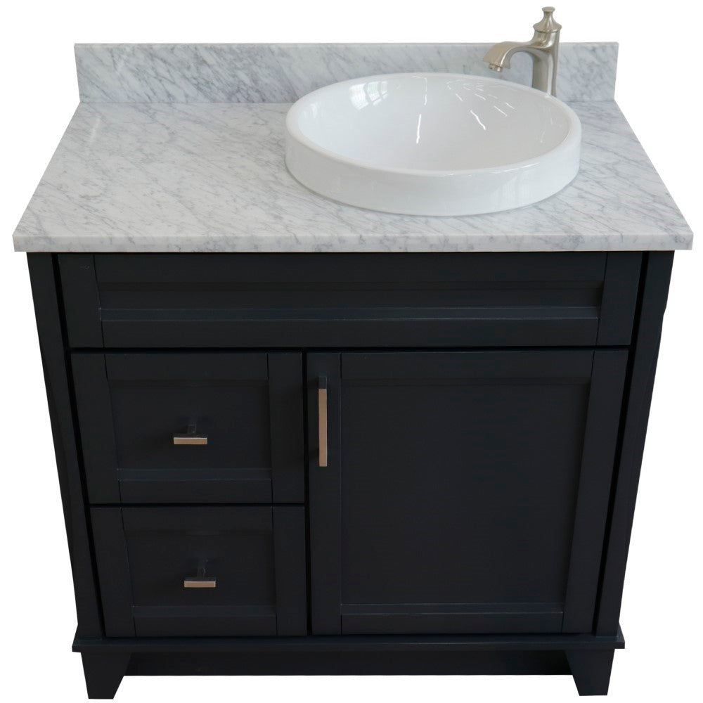 37" Single sink vanity in Dark Gray finish with White Carrara marble and LEFT round sink RIGHT drawers