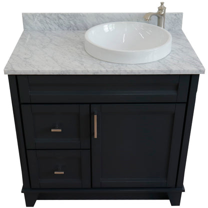 37" Single sink vanity in Dark Gray finish with White Carrara marble and LEFT round sink RIGHT drawers