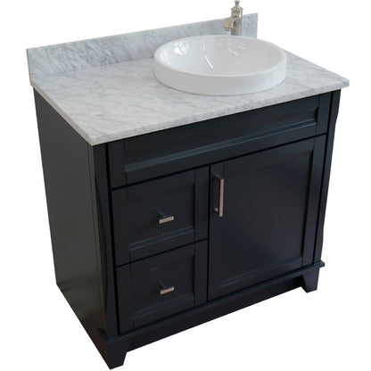 37" Single sink vanity in Dark Gray finish with White Carrara marble and LEFT round sink RIGHT drawers