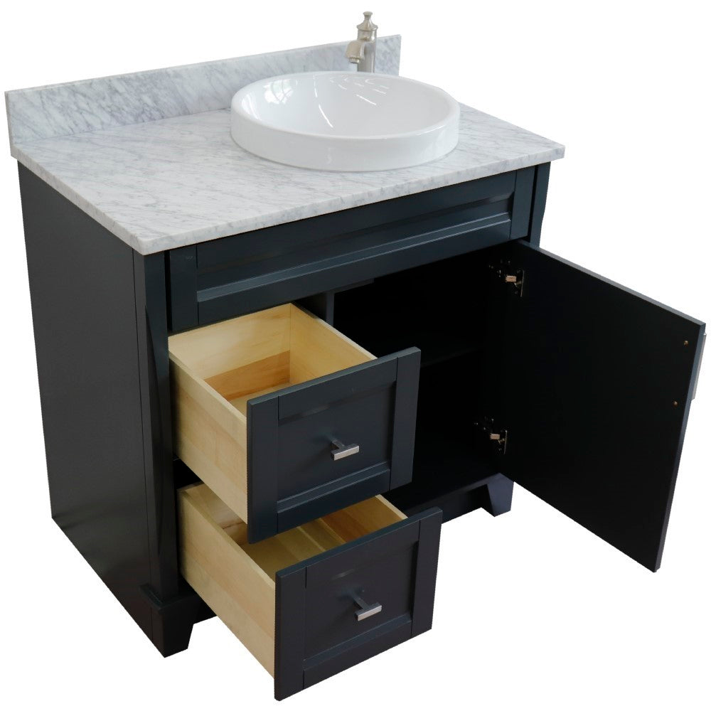 37" Single sink vanity in Dark Gray finish with White Carrara marble and LEFT round sink RIGHT drawers