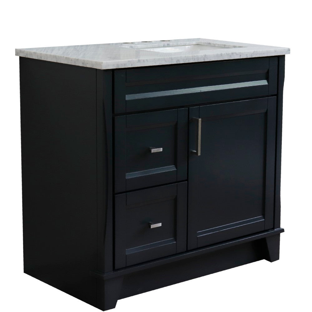 37" Single sink vanity in Dark Gray finish with White Carrara marble and LEFT rectangle sink RIGHT drawers