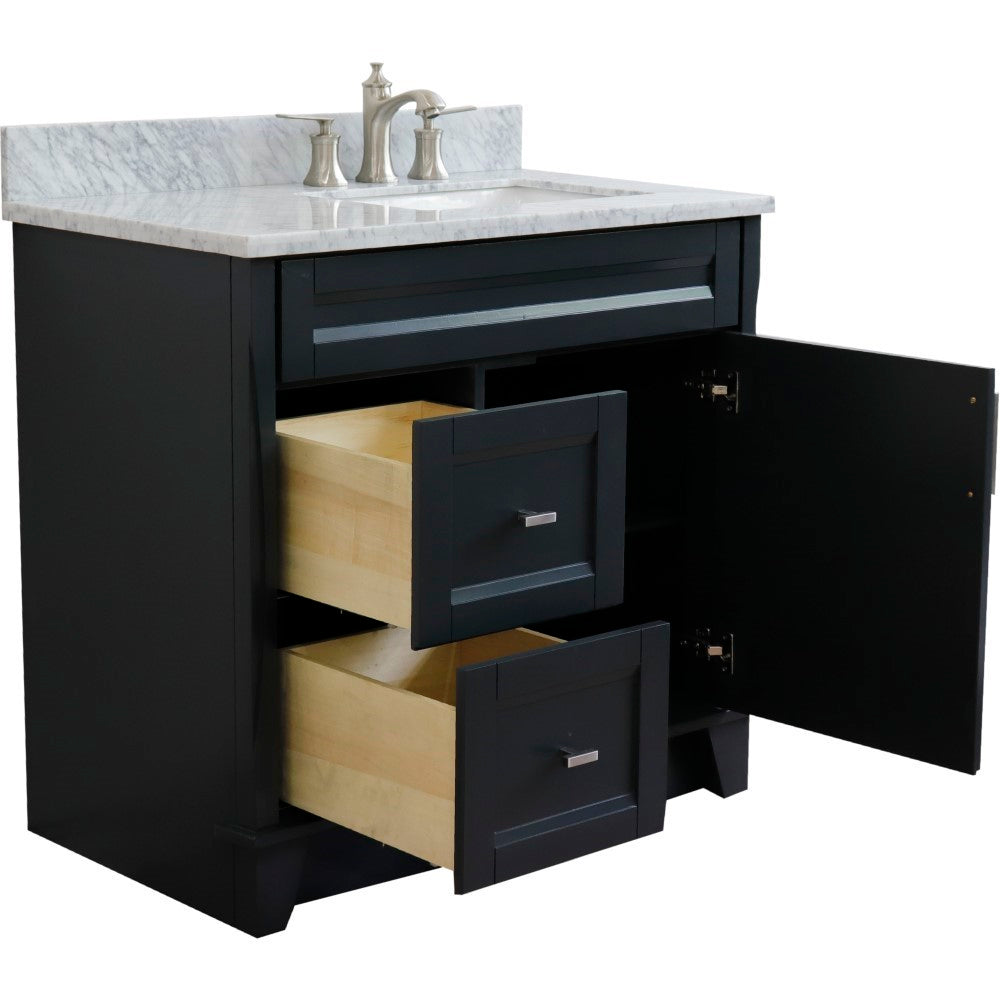 37" Single sink vanity in Dark Gray finish with White Carrara marble and LEFT rectangle sink RIGHT drawers