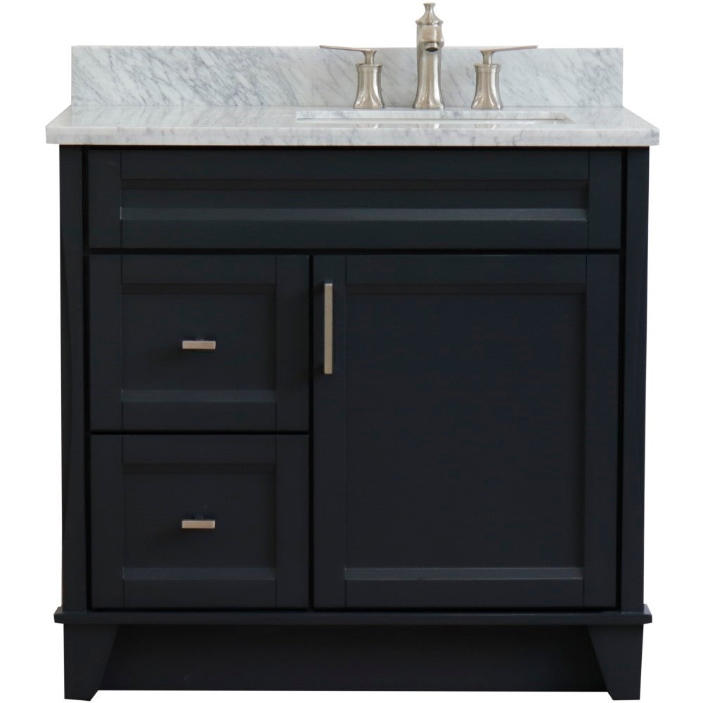 37" Single sink vanity in Dark Gray finish with White Carrara marble and LEFT rectangle sink RIGHT drawers