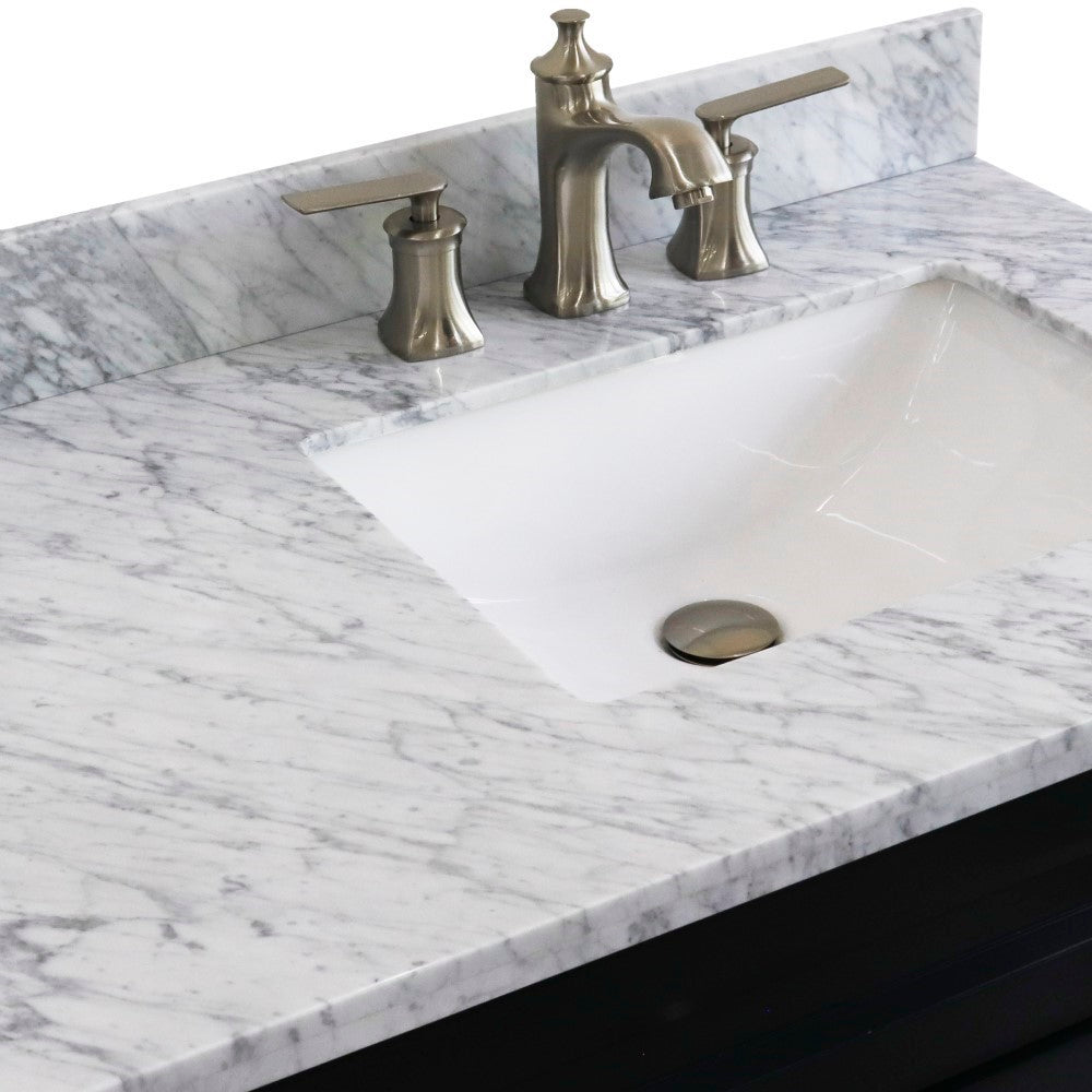 37" Single sink vanity in Dark Gray finish with White Carrara marble and LEFT rectangle sink RIGHT drawers