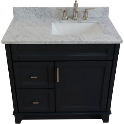 37" Single sink vanity in Dark Gray finish with White Carrara marble and LEFT rectangle sink RIGHT drawers
