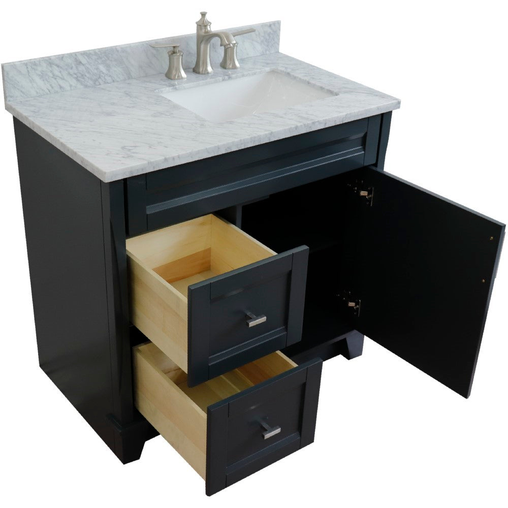 37" Single sink vanity in Dark Gray finish with White Carrara marble and LEFT rectangle sink RIGHT drawers