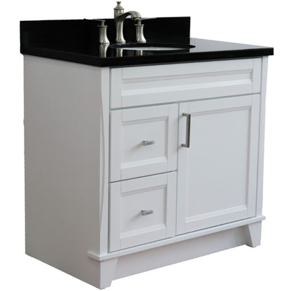 37" Single sink vanity in White finish with Black galaxy granite and CENTER oval sink RIGHT drawers