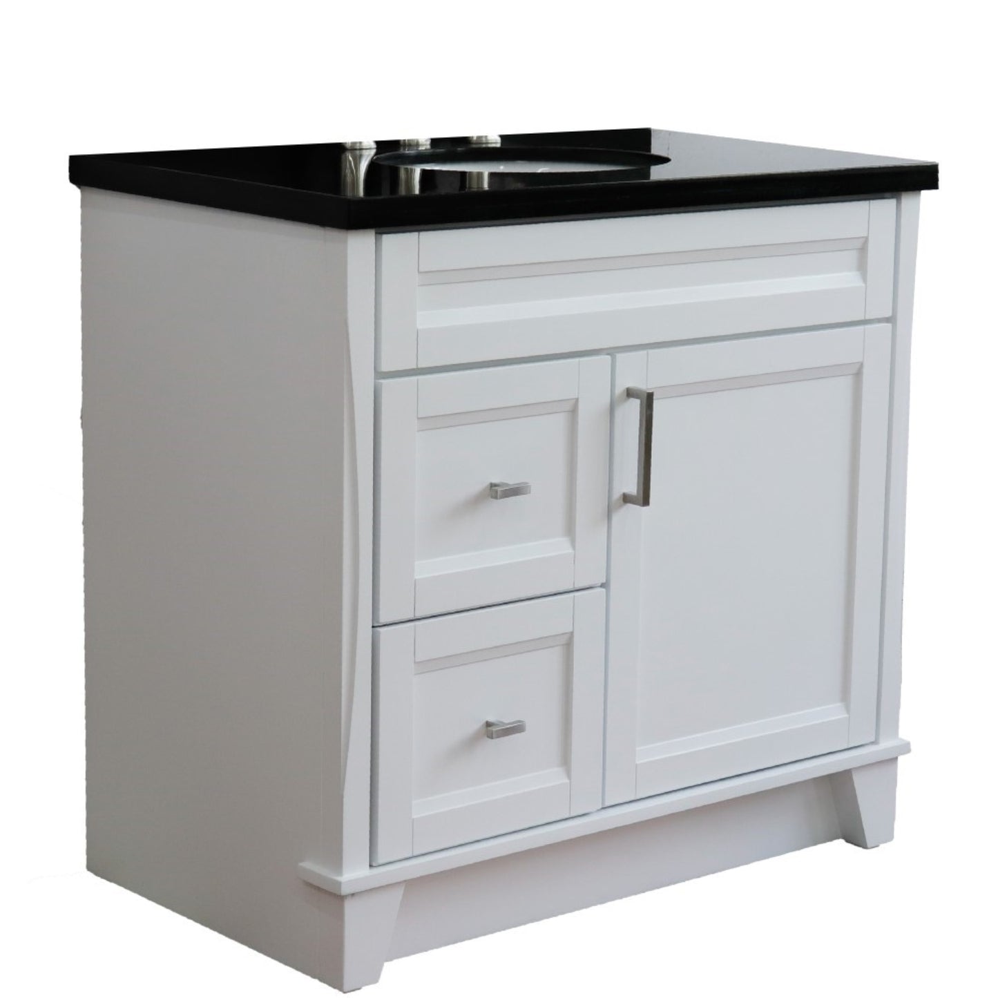 37" Single sink vanity in White finish with Black galaxy granite and CENTER oval sink RIGHT drawers