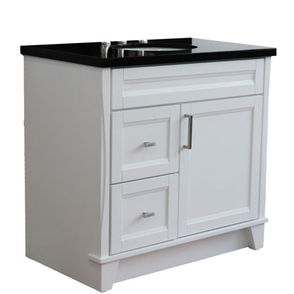 37" Single sink vanity in White finish with Black galaxy granite and CENTER oval sink RIGHT drawers