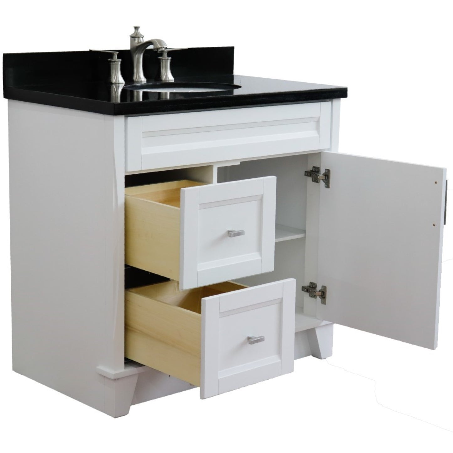 37" Single sink vanity in White finish with Black galaxy granite and CENTER oval sink RIGHT drawers