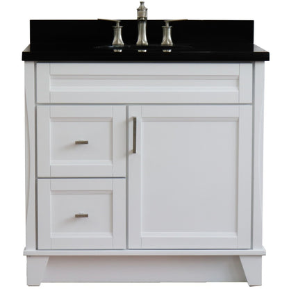 37" Single sink vanity in White finish with Black galaxy granite and CENTER oval sink RIGHT drawers