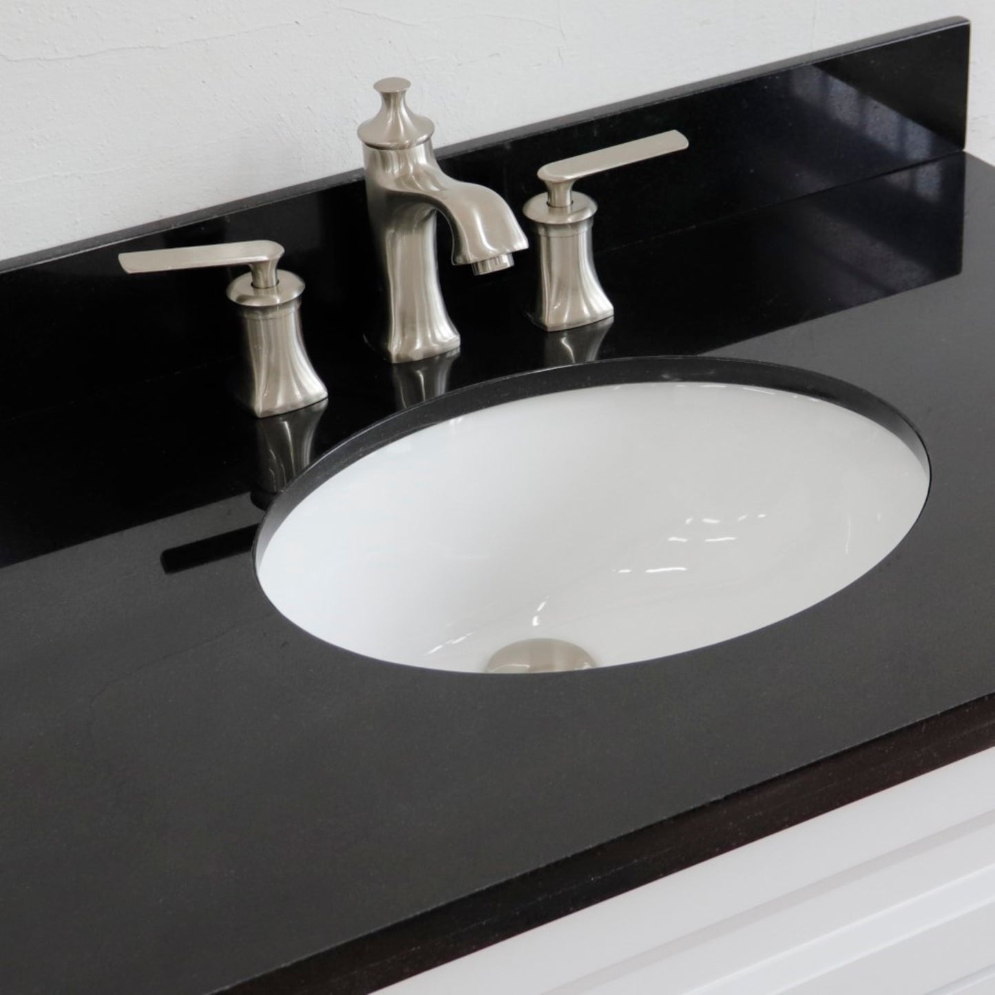 37" Single sink vanity in White finish with Black galaxy granite and CENTER oval sink RIGHT drawers