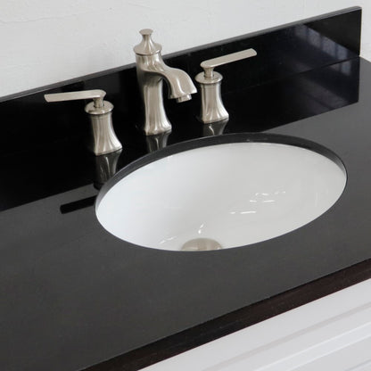 37" Single sink vanity in White finish with Black galaxy granite and CENTER oval sink RIGHT drawers