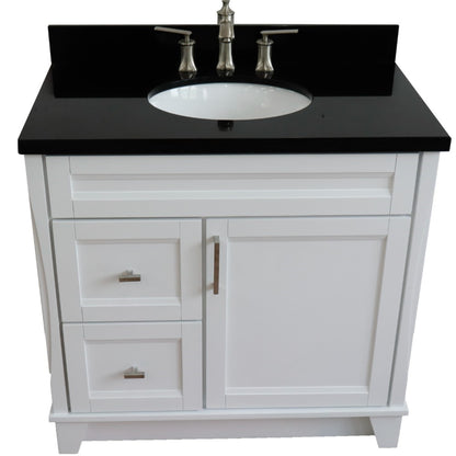 37" Single sink vanity in White finish with Black galaxy granite and CENTER oval sink RIGHT drawers