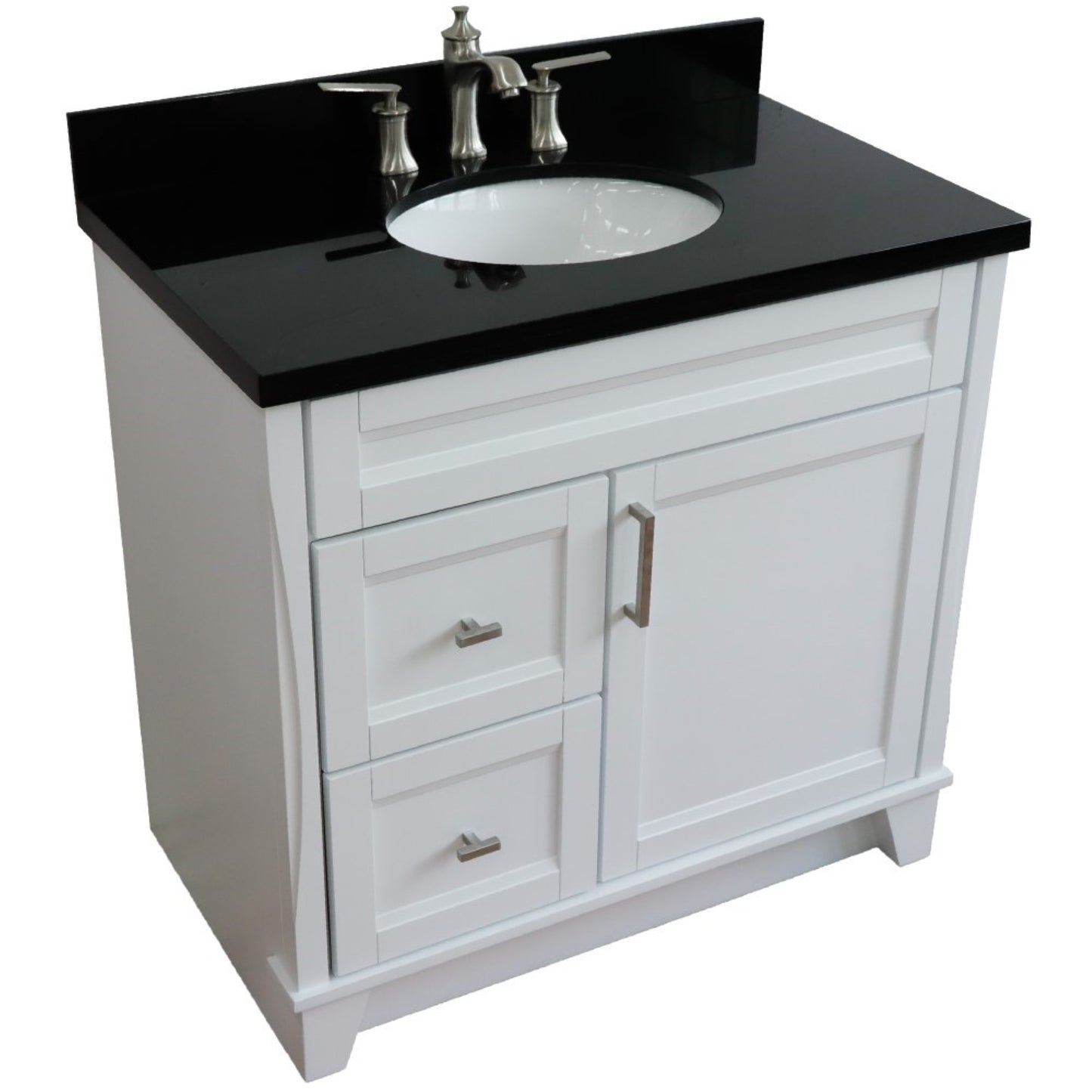 37" Single sink vanity in White finish with Black galaxy granite and CENTER oval sink RIGHT drawers