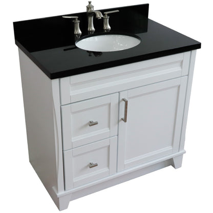 37" Single sink vanity in White finish with Black galaxy granite and CENTER oval sink RIGHT drawers