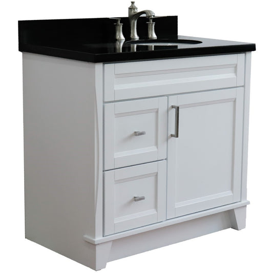 37" Single sink vanity in White finish with Black galaxy granite and LEFT oval sink RIGHT drawers