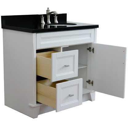 37" Single sink vanity in White finish with Black galaxy granite and LEFT oval sink RIGHT drawers
