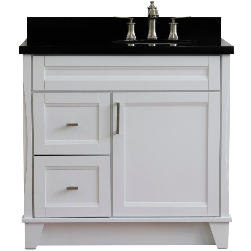 37" Single sink vanity in White finish with Black galaxy granite and LEFT oval sink RIGHT drawers