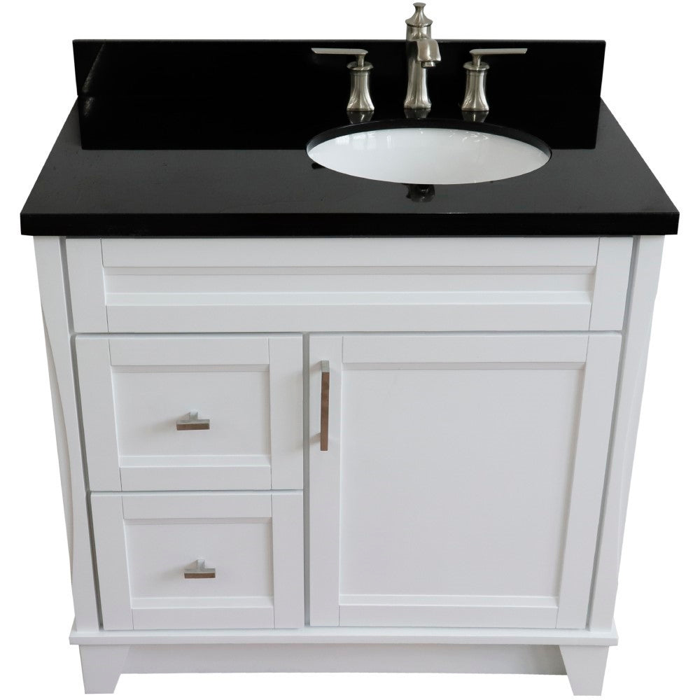 37" Single sink vanity in White finish with Black galaxy granite and LEFT oval sink RIGHT drawers