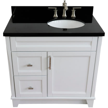 37" Single sink vanity in White finish with Black galaxy granite and LEFT oval sink RIGHT drawers