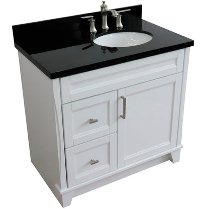 37" Single sink vanity in White finish with Black galaxy granite and LEFT oval sink RIGHT drawers